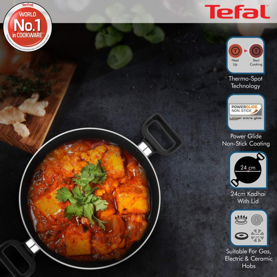 Tefal Kadai 24 Cm G Lid Greyish Black Delicia