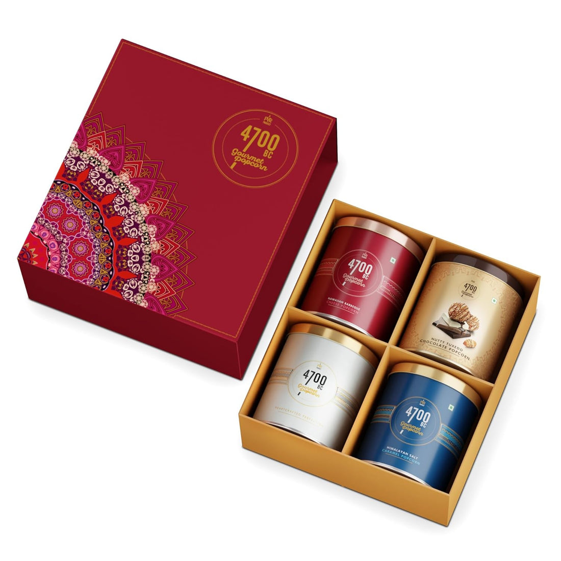 Nutty Tuxedo Chocolate Popcorn, Hawaiian Barbeque Cheese Popcorn &Himalayan Salt Caramel Popcorn (Gift Box, 4 Tins)