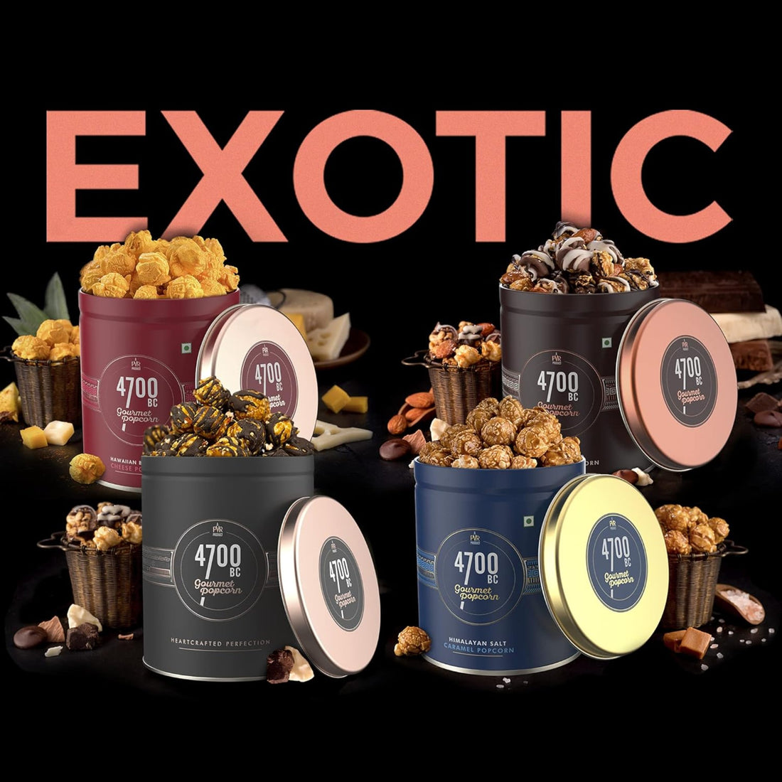 Nutty Tuxedo Chocolate Popcorn, Hawaiian Barbeque Cheese Popcorn &Himalayan Salt Caramel Popcorn (Gift Box, 4 Tins)