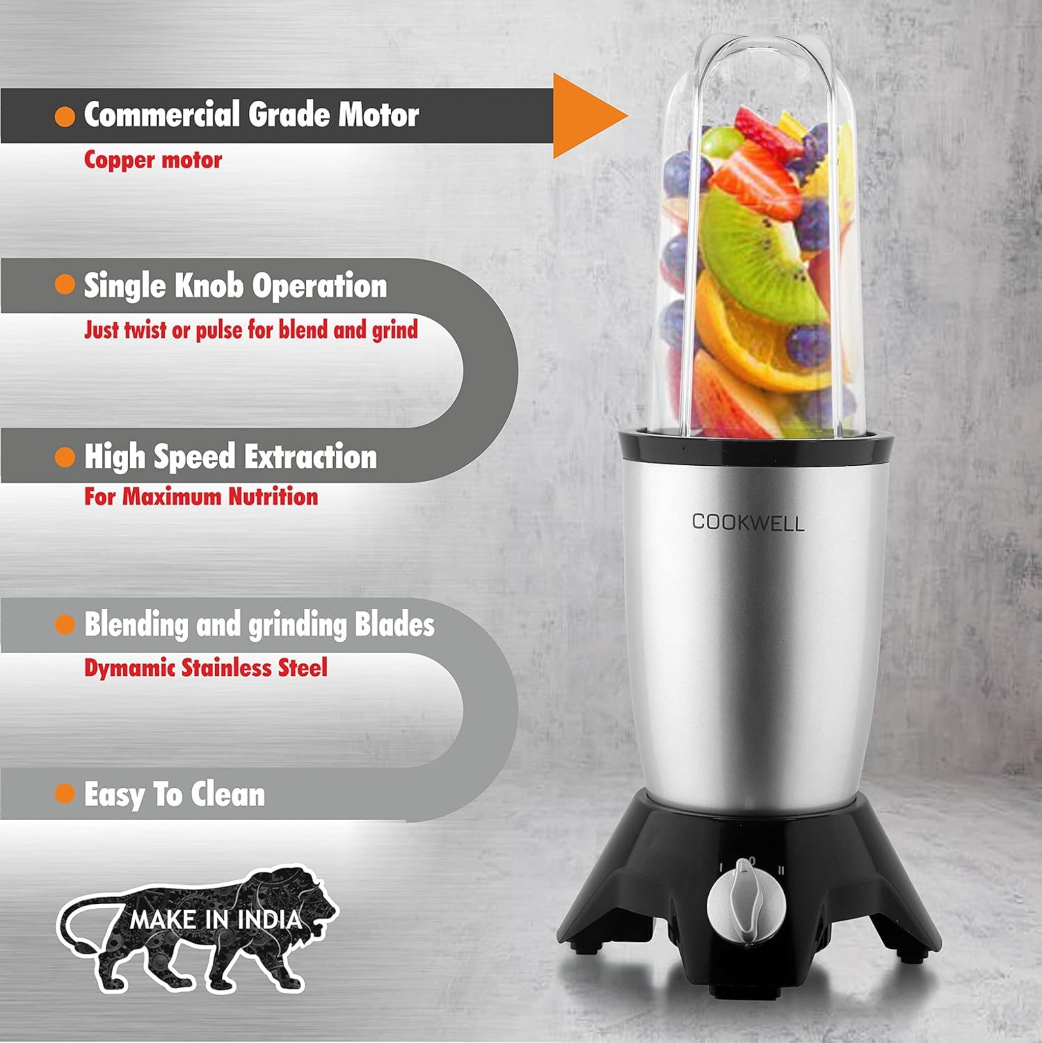 Cookwell Bullet Mixer Grinder 500 watts (3 Jars, 2 Blades)