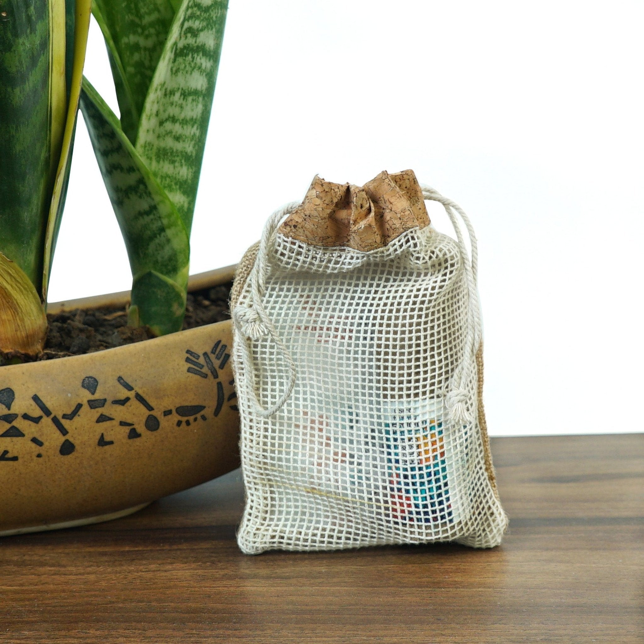 Jute String Bag with Cork Top & Cotton Net (5"x7")-CX33