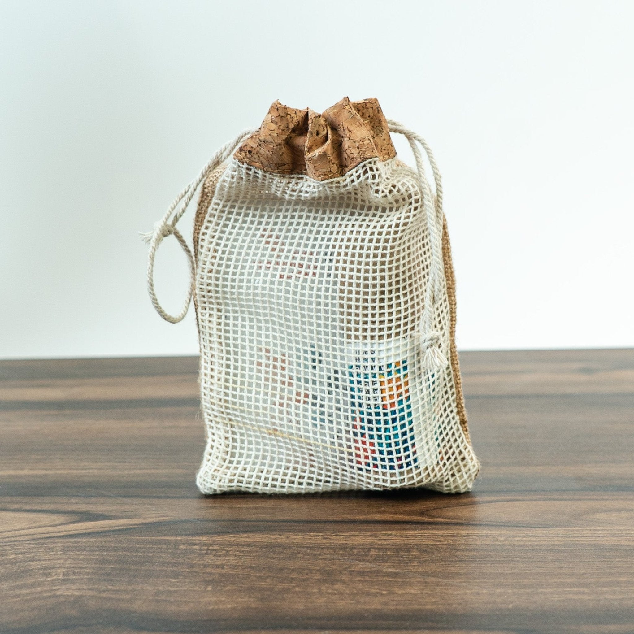 Jute String Bag with Cork Top & Cotton Net (5"x7")-CX33