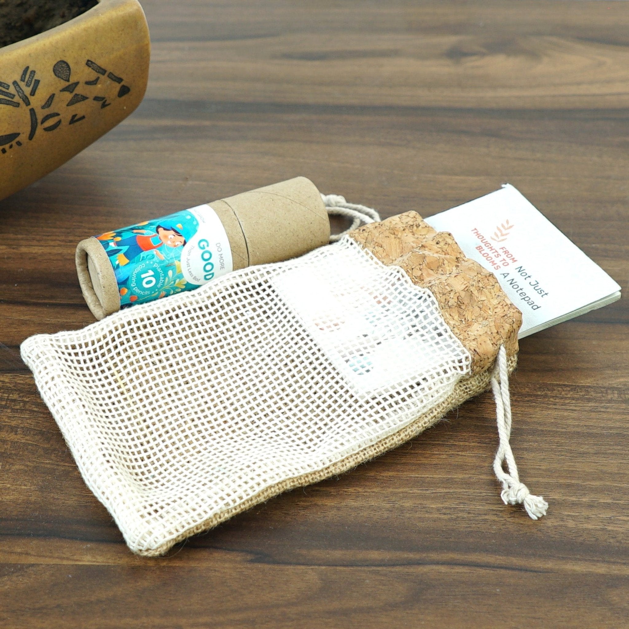 Jute String Bag with Cork Top & Cotton Net (5"x7")-CX33