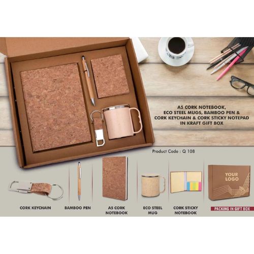 A5 Cork Note Book, Bamboo Steel vaccum Flask, Bamboo Pen, Cork Keychain - Option 26