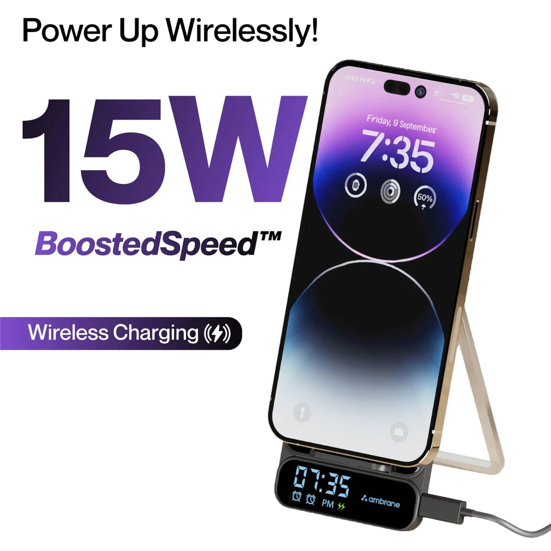 Ambrane 15W Wireless BoostedSpeed™ Wireless Charger - Powerpod Pro