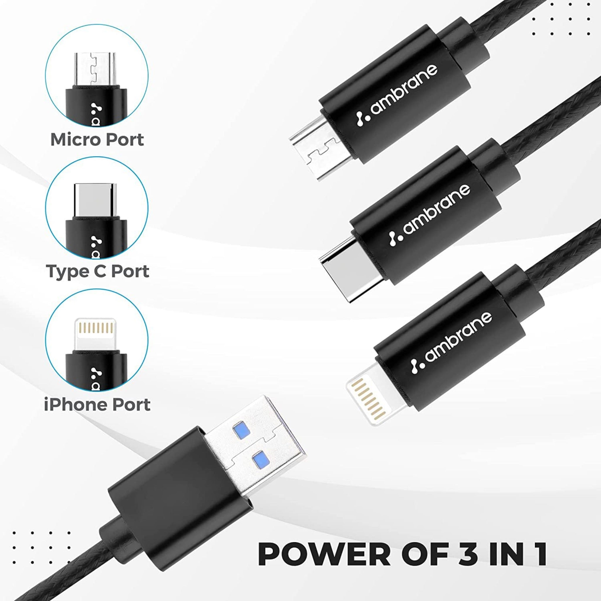 Ambrane 3 in 1 Cable (Micro Type C/ IPhone) ( 1.25 M ) - TRIO-11