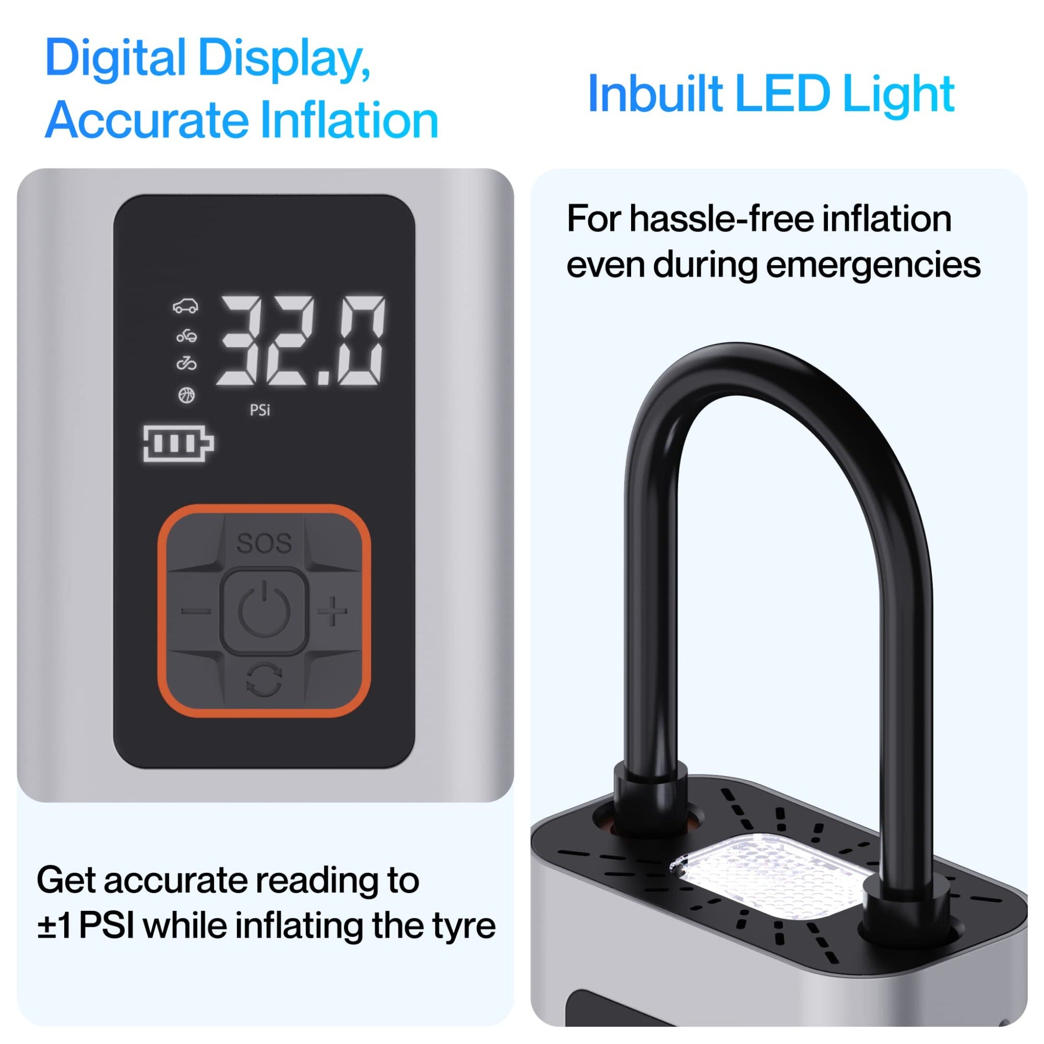 Ambrane 150PSI, 2000mAh Battery, Pressure Controller, LED Flash, Digital Pressure Measurement, Type C Charging - Tyre Inflator Turbo