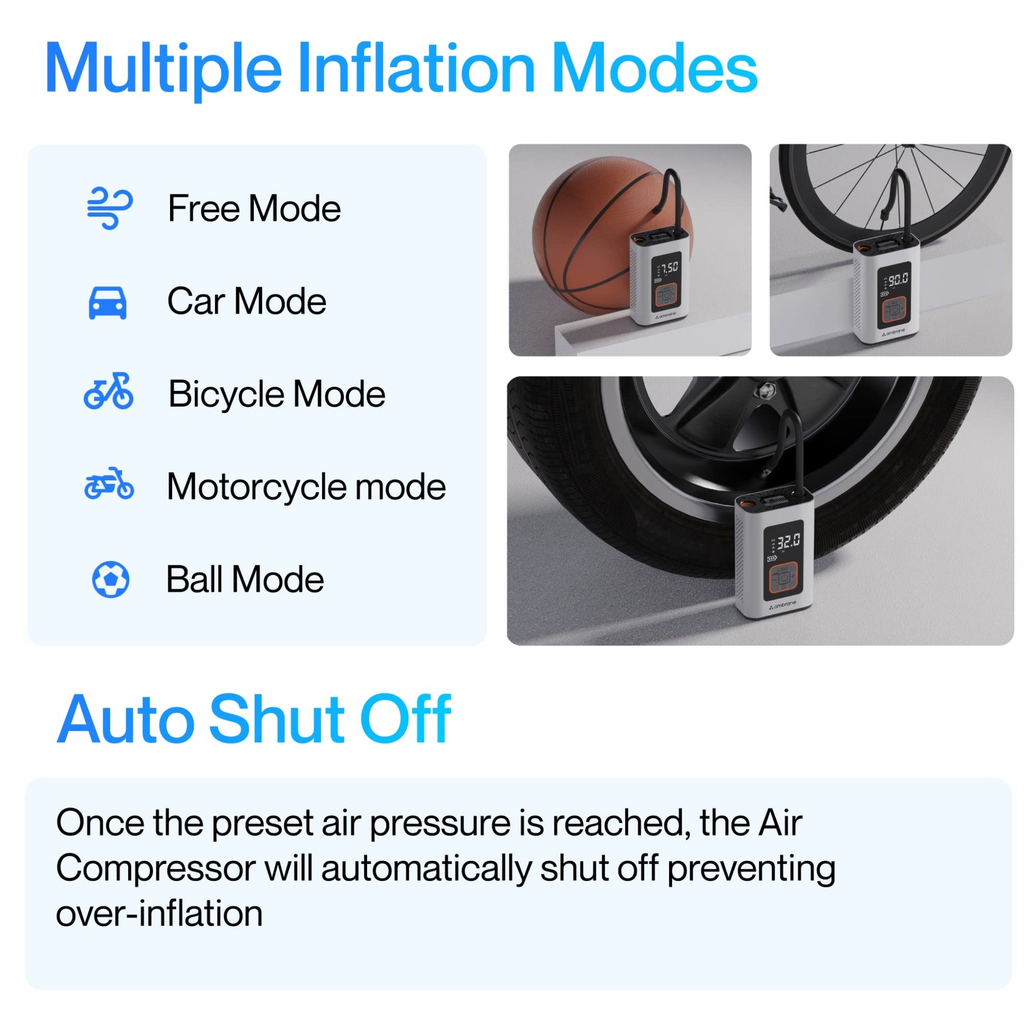 Ambrane 150PSI, 2000mAh Battery, Pressure Controller, LED Flash, Digital Pressure Measurement, Type C Charging - Tyre Inflator Turbo
