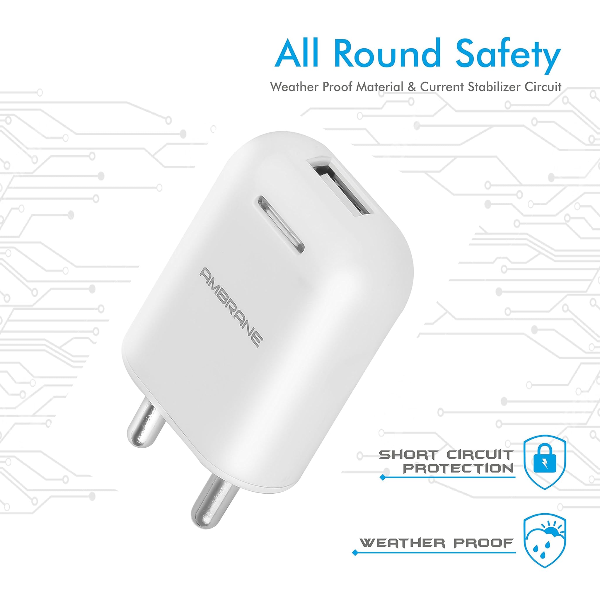 Ambrane Wall charger 10.5W W/o Cable, 5V/2.1A - AWC-38 w/o Cable