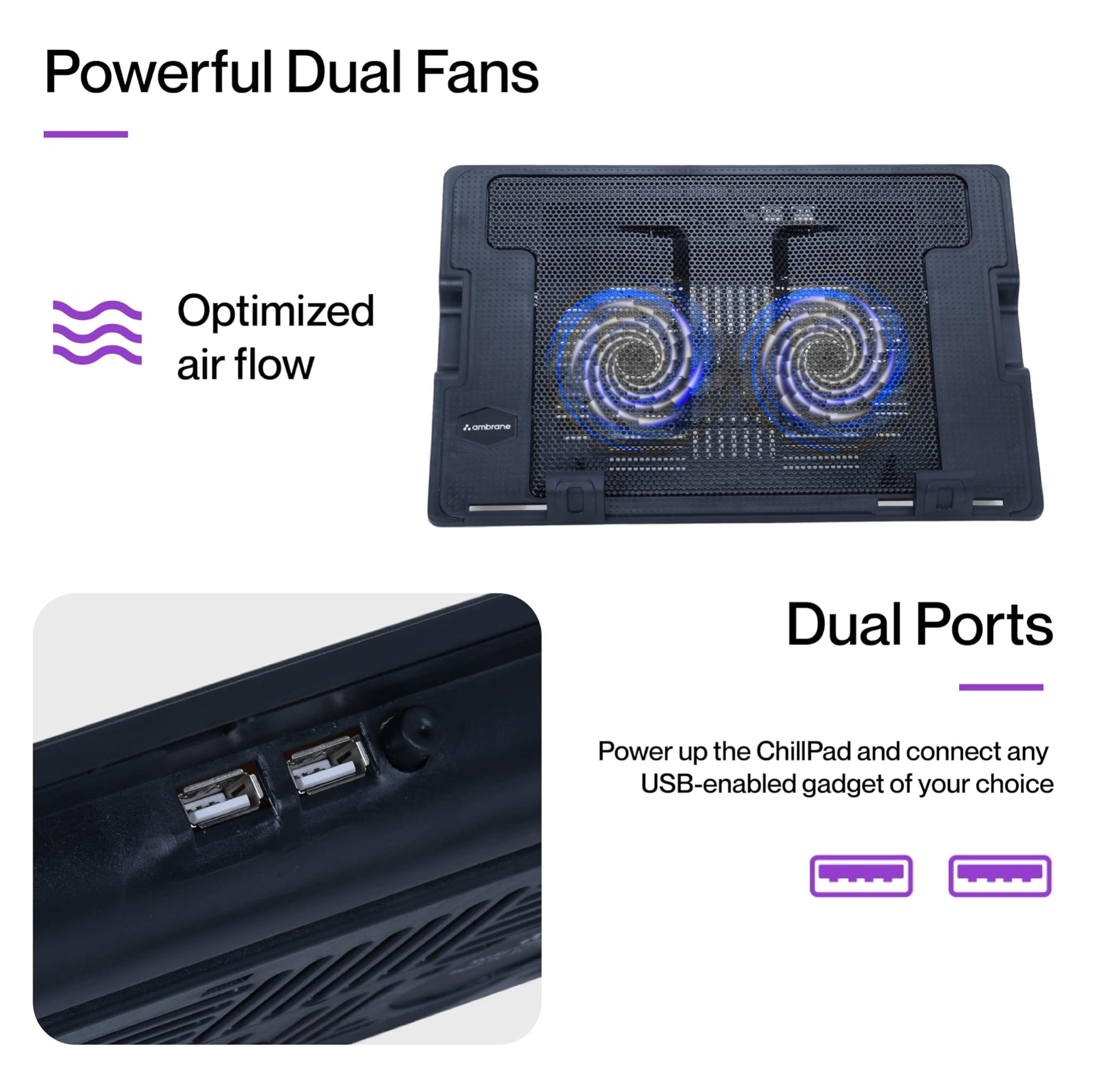Ambrane Laptop Stand with 120mm dual fans, compatible upto 15.6" laptop - Chillpad