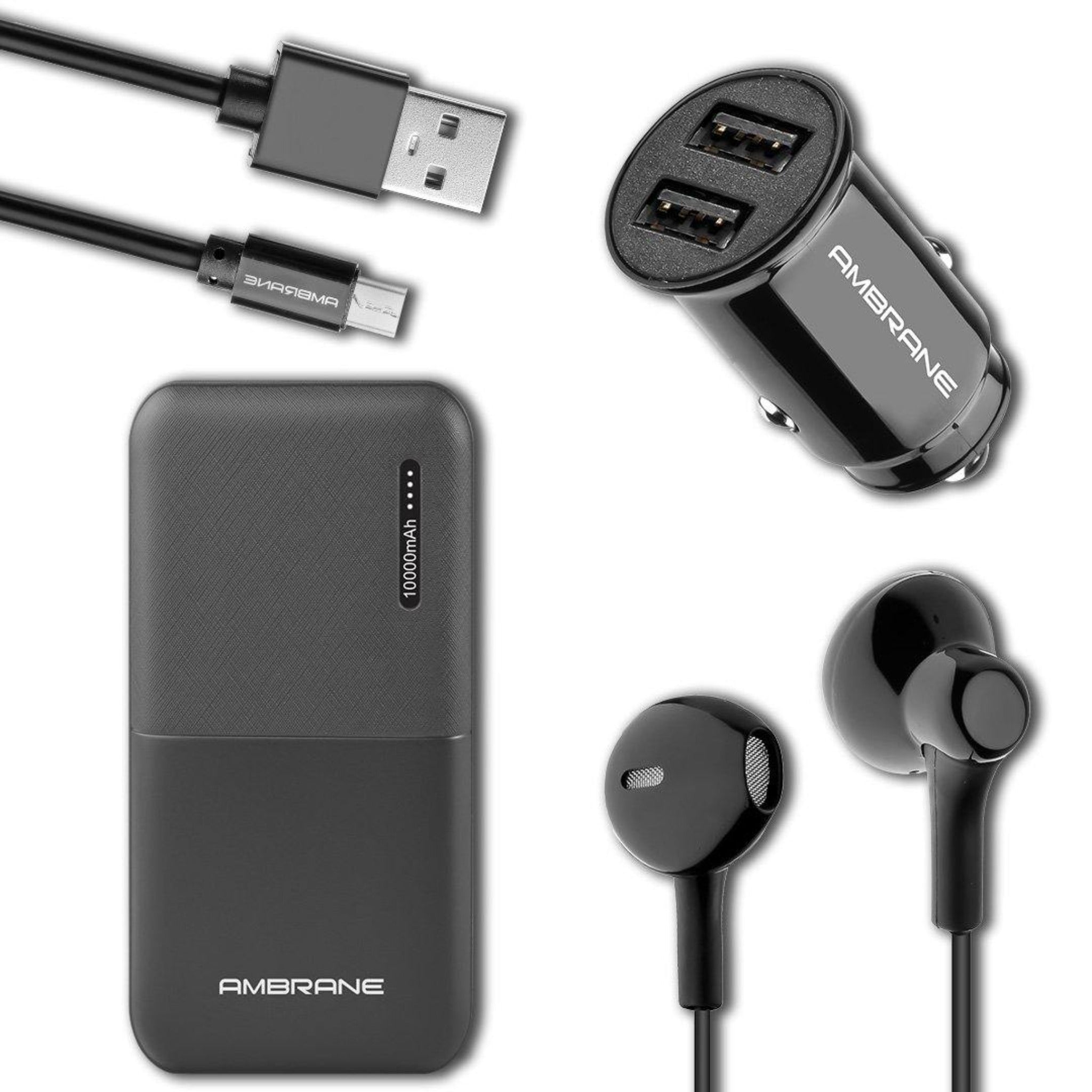 Ambrane PP111+ACC56+EP21+ACM-11 Travel Charging Kit - ATK03