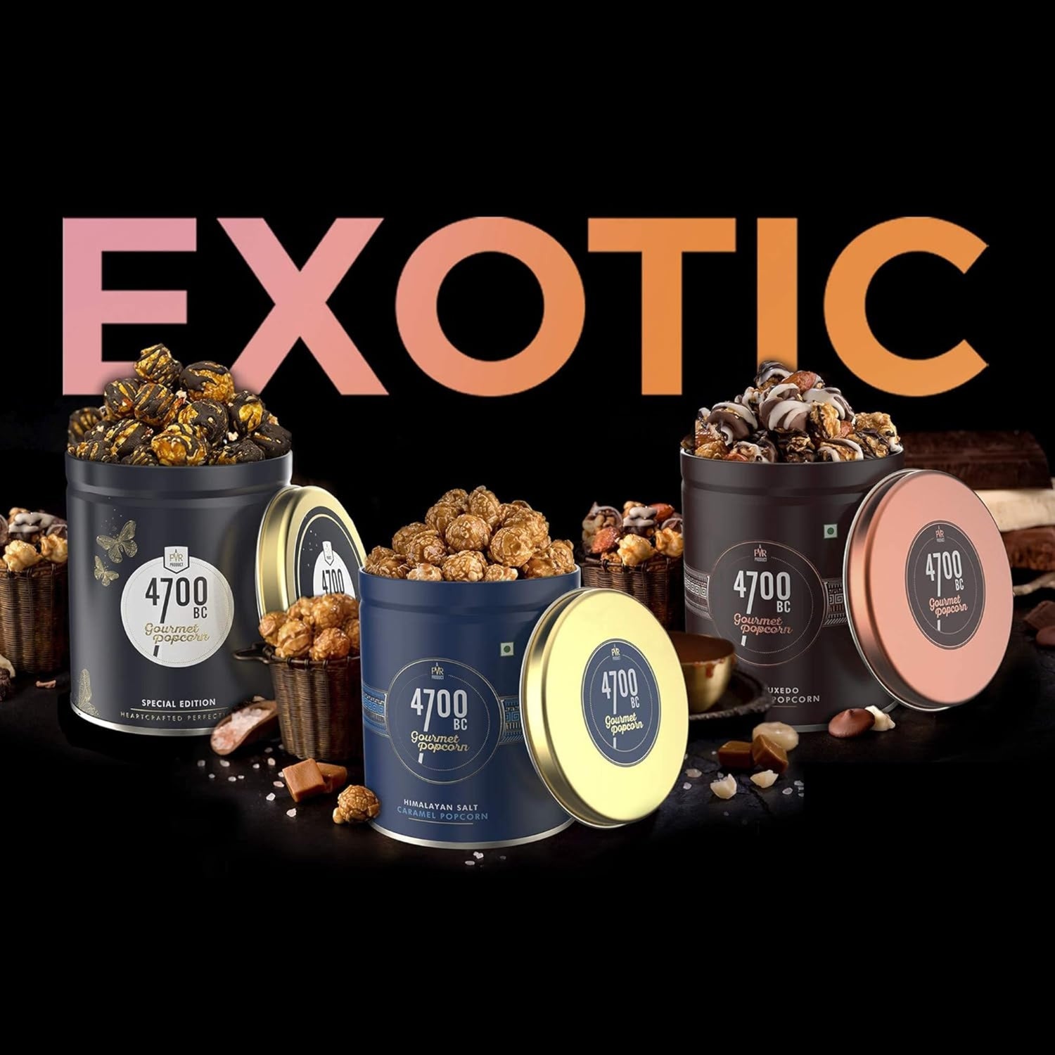 Nutty Tuxedo Chocolate Popcorn, Hawaiian Barbeque Cheese Popcorn &amp;Himalayan Salt Caramel Popcorn (Gift Box, 3 Tins)