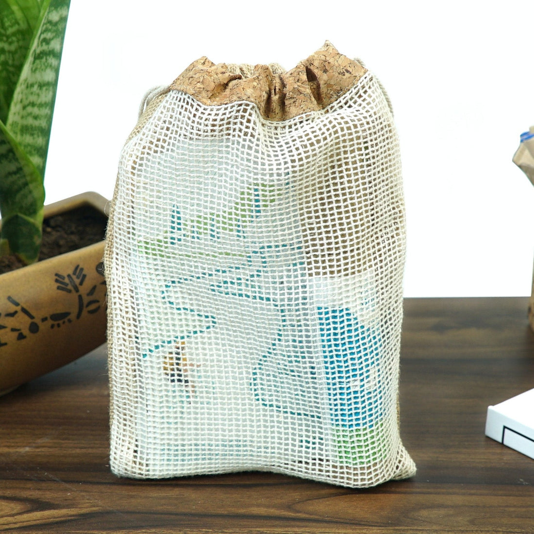 Jute String Bag with Cork Top &amp; Cotton Net (7&quot;x10&quot;)-CX30