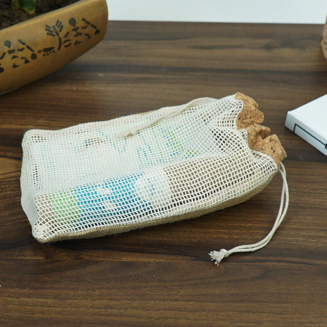 Jute String Bag with Cork Top &amp; Cotton Net (7&quot;x10&quot;)-CX30