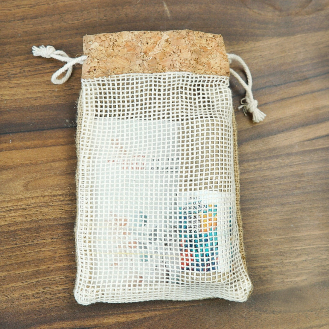 Jute String Bag with Cork Top &amp; Cotton Net (5&quot;x7&quot;)-CX33