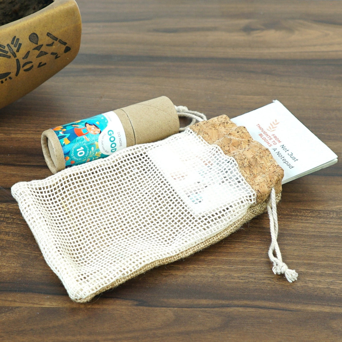 Jute String Bag with Cork Top &amp; Cotton Net (5&quot;x7&quot;)-CX33