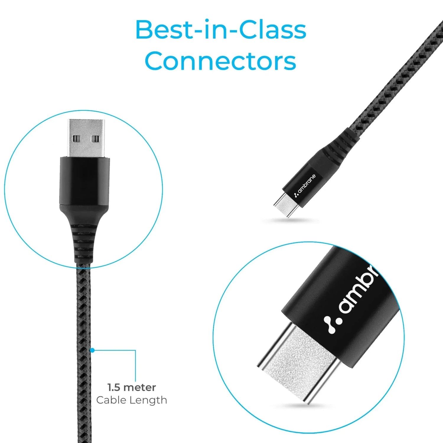 Ambrane Unbreakable 3A Fast Charging Braided Type C Cable ( 1.5 M) - BCT15