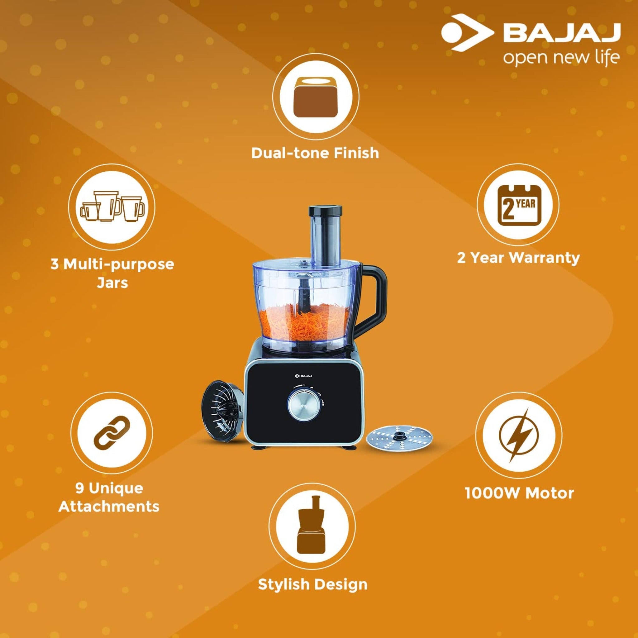 Bajaj FX-1000 DLX 1000 Watts Food Processor and Mixer Grinder with 9 attachments