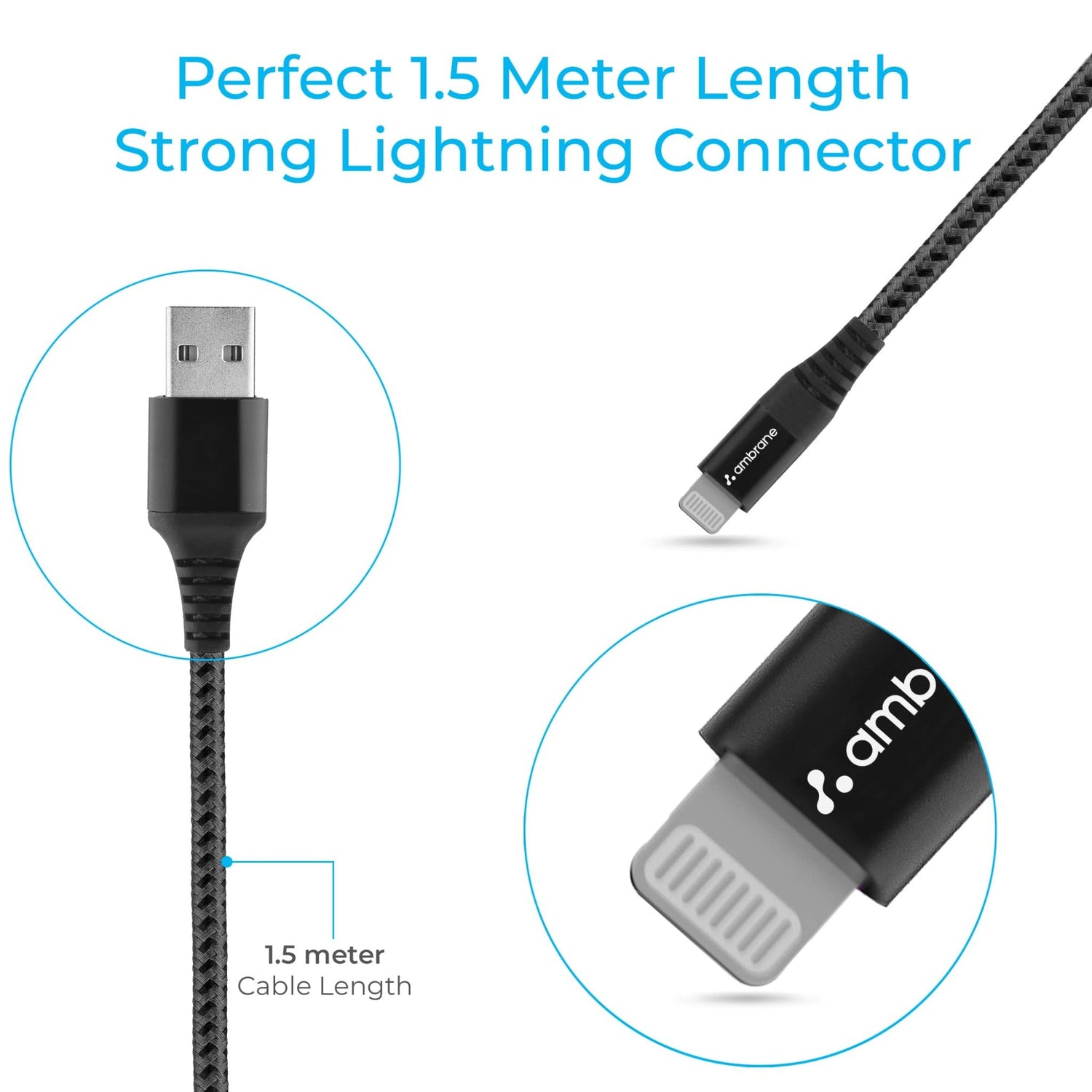 Ambrane Unbreakable 3A Fast Charging Braided Lightning Cable ( 1.5 M) - BCL15