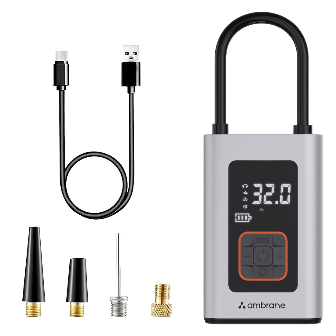 Ambrane 150PSI, 2000mAh Battery, Pressure Controller, LED Flash, Digital Pressure Measurement, Type C Charging - Tyre Inflator Turbo