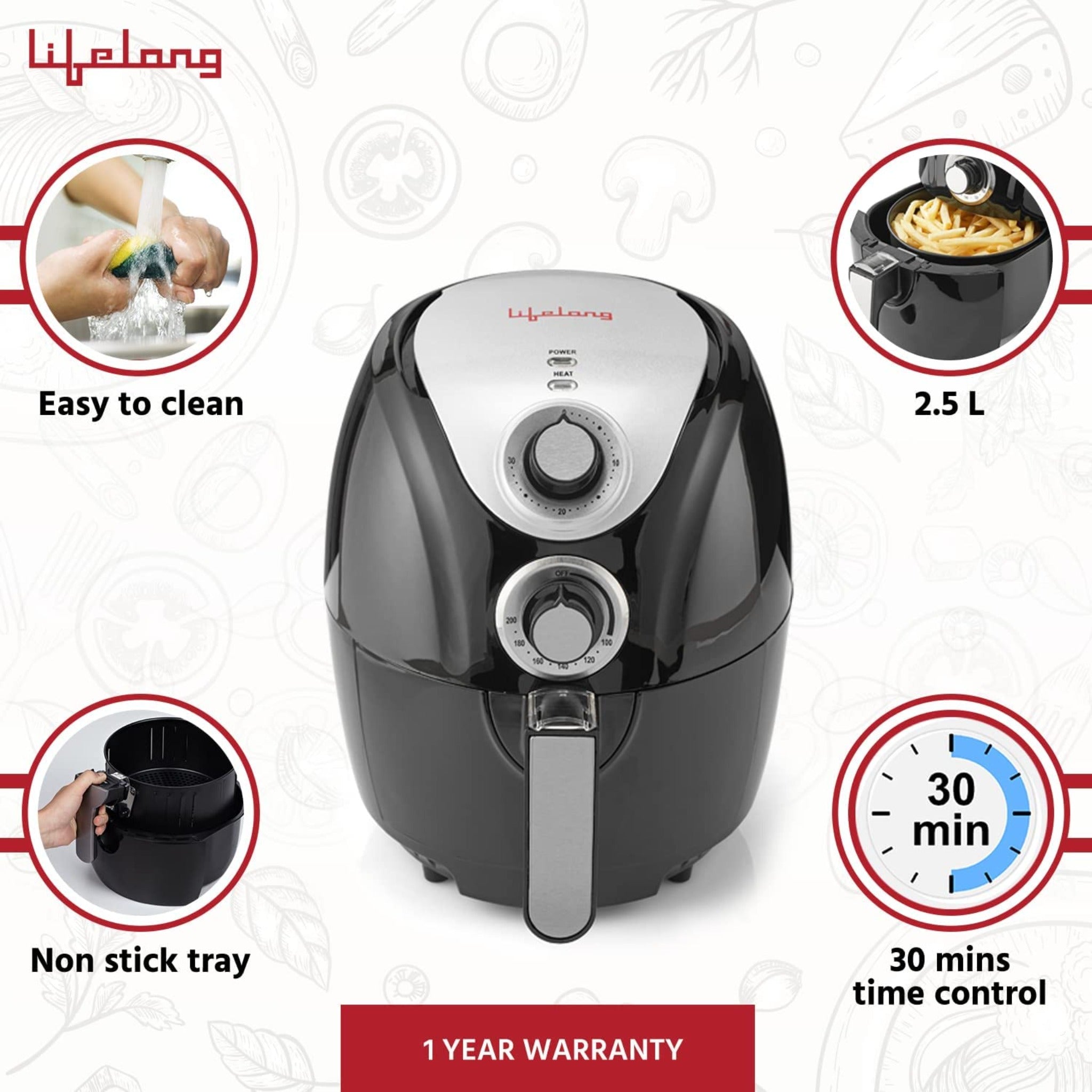 Lifelong 2.5L Air Fryer With Timer Control And Hot Air Circulation Technology