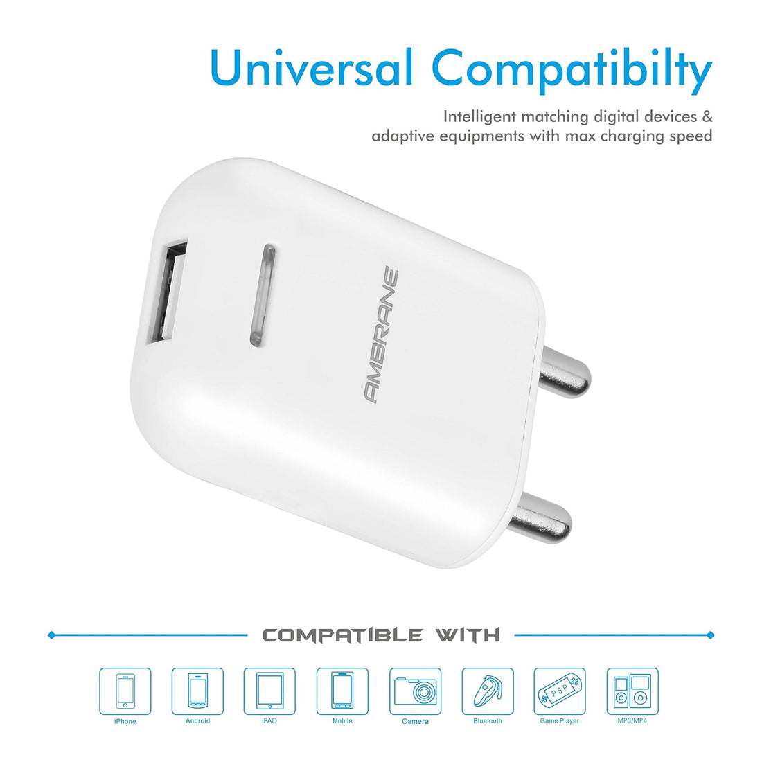 Ambrane Wall charger 10.5W W/o Cable, 5V/2.1A - AWC-38 w/o Cable