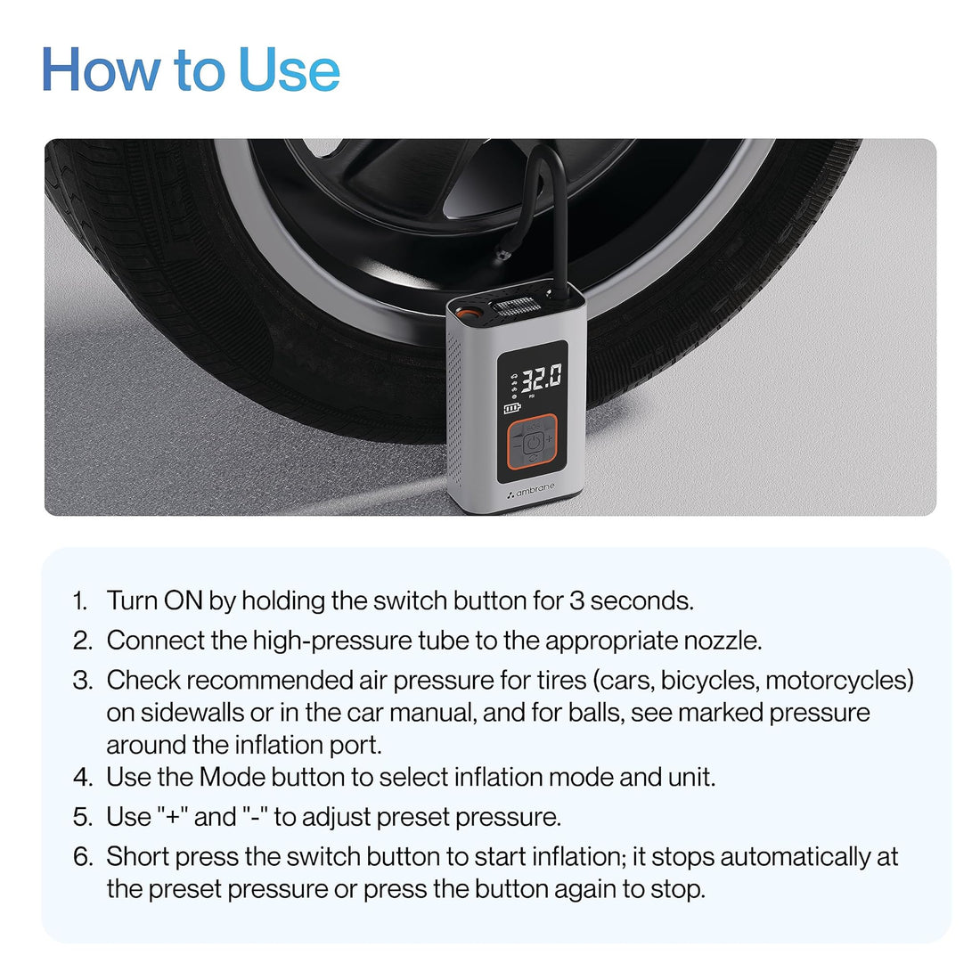 Ambrane 150PSI, 2000mAh Battery, Pressure Controller, LED Flash, Digital Pressure Measurement, Type C Charging - Tyre Inflator Turbo